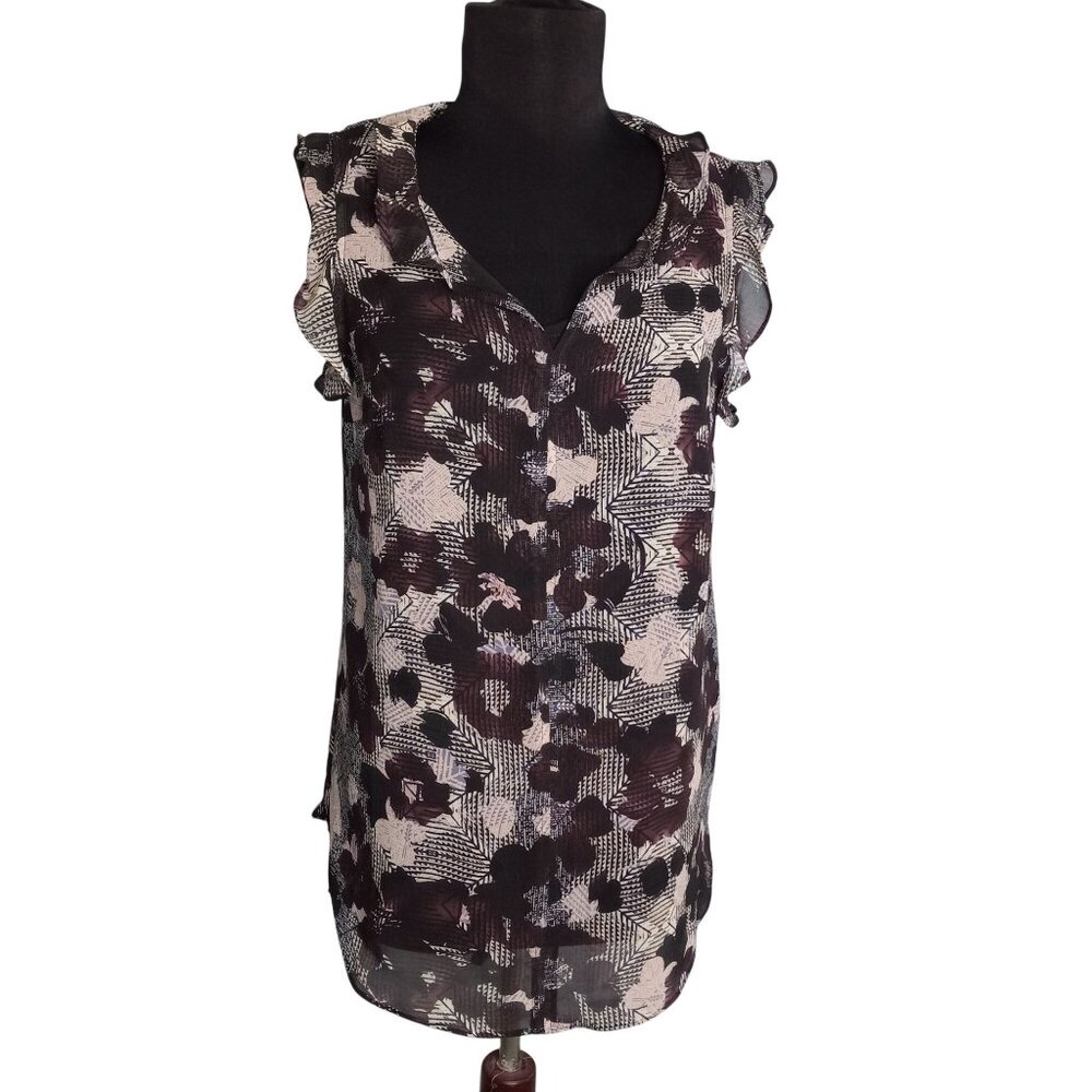 Cabi XS Tunic Top Camisole Sleeveless Floral Print Ruffled Layer Sheer Hi Low
